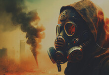 Gas Mask On Man During Explosion. Chemical Weapons Against Civil, Destruction Of Houses And Buildings. Nuclear War Concept. Nuclear Explosion As A  radioactivity Result Of World Military Conflict. AI 