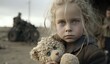 a girl holding his teddy bear with destructive civilian area during war time, sorrow scenery of war victims, idea for support children's right , especially Ukrainian,  Generative Ai