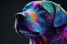 Portrait Of Labrador Retriever With Neon Rainbow Colors. Dog Painting For Poster And Wall Paper. Post Produced Ai Generative Illustration 