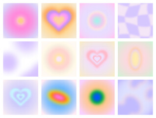Wall Mural - Set of empty blur gradient background. Trendy vintage aesthetic pastel color template collection for social media post. Soft blurred love heart, abstract texture poster.