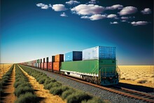  A Train With Many Cargo Containers On The Side Of The Tracks In A Desert Area With A Blue Sky And Clouds Above It And A Few Green Bushes And Yellow Grass.  Generative Ai