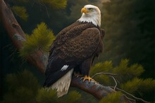  A Bald Eagle Perched On A Branch Of A Pine Tree In A Pine Forest With A Full Moon In The Distance Behind It And A Dark Background.  Generative Ai