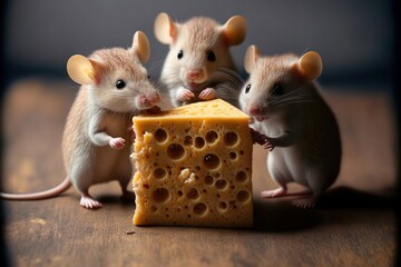 Wall Mural -  three mice are standing next to a piece of cheese on a wooden table with a piece of cheese in front of them and one of the mice is eating the cheese.  generative ai