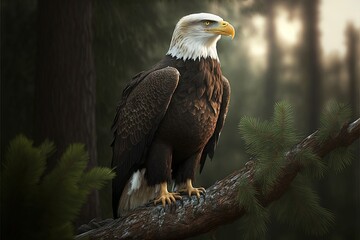 Wall Mural -  a bald eagle perched on a tree branch in a forest with pine needles and a foggy sky in the background, with a pine tree branch in the foreground.  generative ai