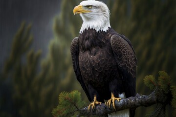 Wall Mural -  a bald eagle perched on a pine tree branch in front of a dark sky and pine tree with green needles in the foreground and a dark background.  generative ai