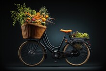  A Bicycle With A Basket Full Of Fruits And Vegetables On The Front Of It, Against A Dark Background, With A Black Background,.  Generative Ai