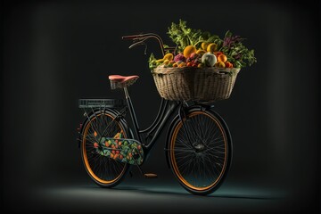 Sticker -  a bicycle with a basket full of fruits and vegetables on the back of the bike, against a dark background, with a black backdrop.  generative ai