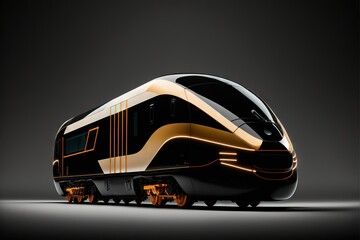 Sticker -  a futuristic train is shown in a black and white photo with a yellow stripe on the side of the train and a black background behind it.  generative ai