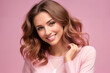 Close-up portrait of a beautiful brown-haired woman in wears pink clothes on a pink background. Generative AI