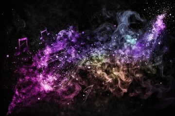 Wall Mural - Music in smoke, colorful with shiny glitter particles abstract background, ai