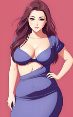 Wall Mural - Portrait of a young beautiful fat curvy woman.Anime style