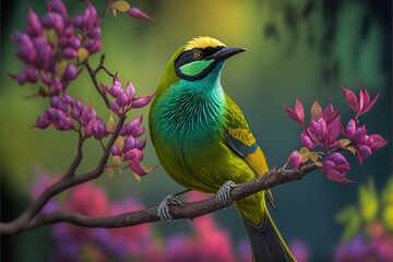 a colorful bird perched on a branch of a tree with purple flowers in the background and a green and 
