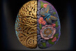 Left and right human brain. The right creative hemisphere and the left logical hemisphere. Generative Ai