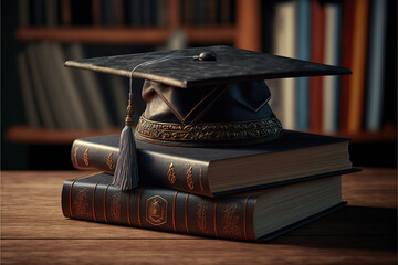 Graduation cap over the pile of books. Graduation concept. Generative Ai.