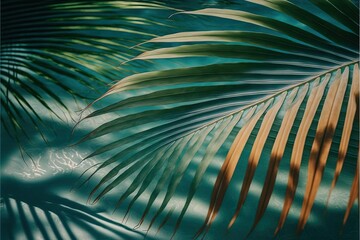  a close up of a palm leaf on a blue background with a shadow of a palm tree on the left side of the frame and a blue sky background.  generative ai