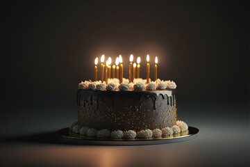 Wall Mural - a birthday cake with lit candles on a black table with a black background and a black background wit