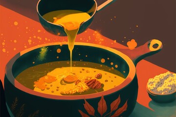 Poster -  a painting of a bowl of soup being poured into it with a ladle and a bowl of popcorn on the side of the bowl.  generative ai