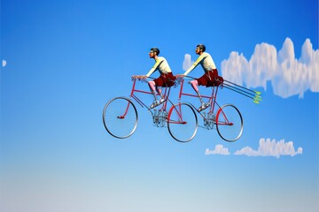 Sticker -  two people riding on the back of a bike in the air with a sky background and clouds in the sky behind them and a blue sky with white clouds.  generative ai