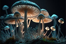  A Group Of Mushrooms That Are On The Ground In The Dark Night Time, With A Black Back Ground And A Black Back Ground With A Few White Mushrooms In The Middle.  Generative Ai