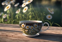  A Coffee Cup With Daisies Painted On The Outside Of It Sitting On A Wooden Table In Front Of A Field Of Daisies And Grass.  Generative Ai