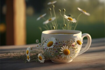  a cup of tea with daisies in it on a wooden table with grass and flowers in the cup and in the background is a field.  generative ai