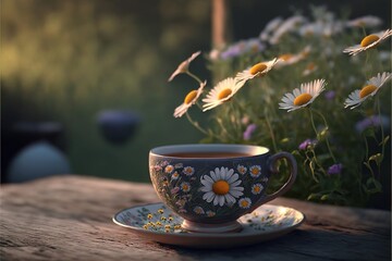  a cup of tea with daisies on a table in front of a field of wildflowers and a blue vase with yellow and white flowers.  generative ai