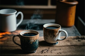 Wall Mural -  two cups of coffee sit on a table with steam rising out of the top of the mugs and the bottom of the mugs on the table.  generative ai