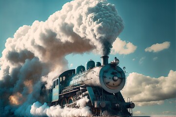  a steam engine train with a lot of smoke coming out of it's stacks of smoke stacks up into the sky, with steam billowing from the top of the engine.  generative ai