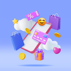 Wall Mural - 3D Online Shopping Concept. Render Smartphone with Shopping Symbols. Bag, Bank Card, Money, Gift Box and Discount Voucher or Sale Coupon. Online Shop, Payment and Delivery. Vector Illustration