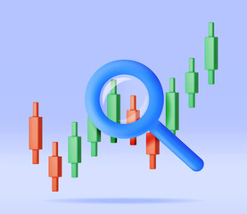 Poster - 3D Stock Candle with Magnifying Glass Isolated. Render Stock Bars Shows Growth or Success. Financial Data Analysis, Business Research, Financial Market Trade. Money and Banking. Vector Illustration