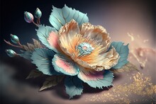  A Painting Of A Flower On A Dark Background With Gold Flakes And Leaves On The Bottom Of The Flower, And A Diamond In The Middle Of The Middle Of The Flower.  Generative Ai