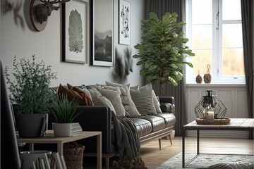 Poster -  a living room filled with furniture and a potted plant in the corner of the room on a table next to the couch and a window.  generative ai