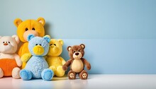 Room With Plush Toys Advertising Banner Background, Empty Space For Text, Commercial Template, Generative Ai