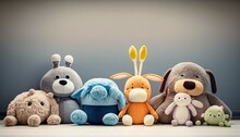 room with plush toys advertising banner background, empty space for text, commercial template,  (created with Generative AI)