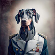 Portrait of a Doberman dressed in officer's clothes