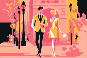 Sticker -  a man and a woman walking down a street in a yellow suit and pink dress with a man in a yellow suit and a woman in a pink dress.  generative ai