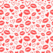 Seamless pattern made up of different red hearts and lipstick female prints for Valentine's day. Endless repeating texture with different red colored female lips and various hearts.