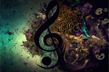 Poster -  a music note with a floral design on a green background with a blue and yellow swirl and a green and purple swirl with a blue swirl.  generative ai