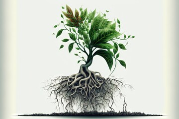 Poster -  a green plant with roots and leaves on a white background with a light reflection on the ground and a light reflection on the wall behind it.  generative ai