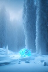 Abstract fantasy glacial winter cold neon landscape. Winter snowy landscape. Winter background, ice, Ice magic portal, light entrance. North polar relief. 3D illustration - generative ai