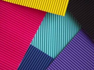 Wall Mural - The corrugated surface is multicolored with parallel lines as a background black blue orange crimson pink light green orange and purple