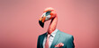Flamingo dressed in a formal business suit with a pastel background. anthropomorphic businessman. Generative AI