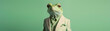 Frog dressed in a formal business suit with a pastel background. anthropomorphic businessman. Generative AI