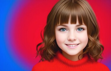 A little brunette girl with blue eyes smiles at the camera. Generative AI