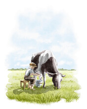 Watercolor Fantasy Cute Little Boy In Vintage Clothes Sit On Chair In Meadow And Milking A Cow Isolated On White Background. Hand Drawn Illustration Sketch