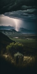 Wall Mural - Powerful storm with lightnings in a stunning valley, illustration made with Generative AI 