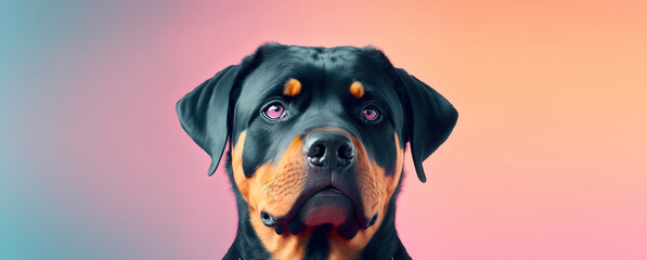 close up of a Rottweiler dog with a pink pastel background. Dog fashion photo. Generative AI