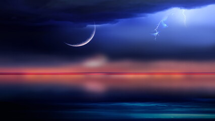 Wall Mural - Starry sky and big moon  at sea  blue cloudy sky and city light  reflection on water wave seascape  holiday leisure travel background