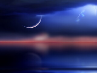 Wall Mural - Starry sky and big moon  at sea  blue cloudy sky and city light  reflection on water wave seascape  holiday leisure travel background