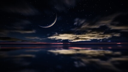 Wall Mural - Starry sky and big moon  at sea  blue cloudy sky and city light  reflection on water wave seascape  holiday leisure travel background